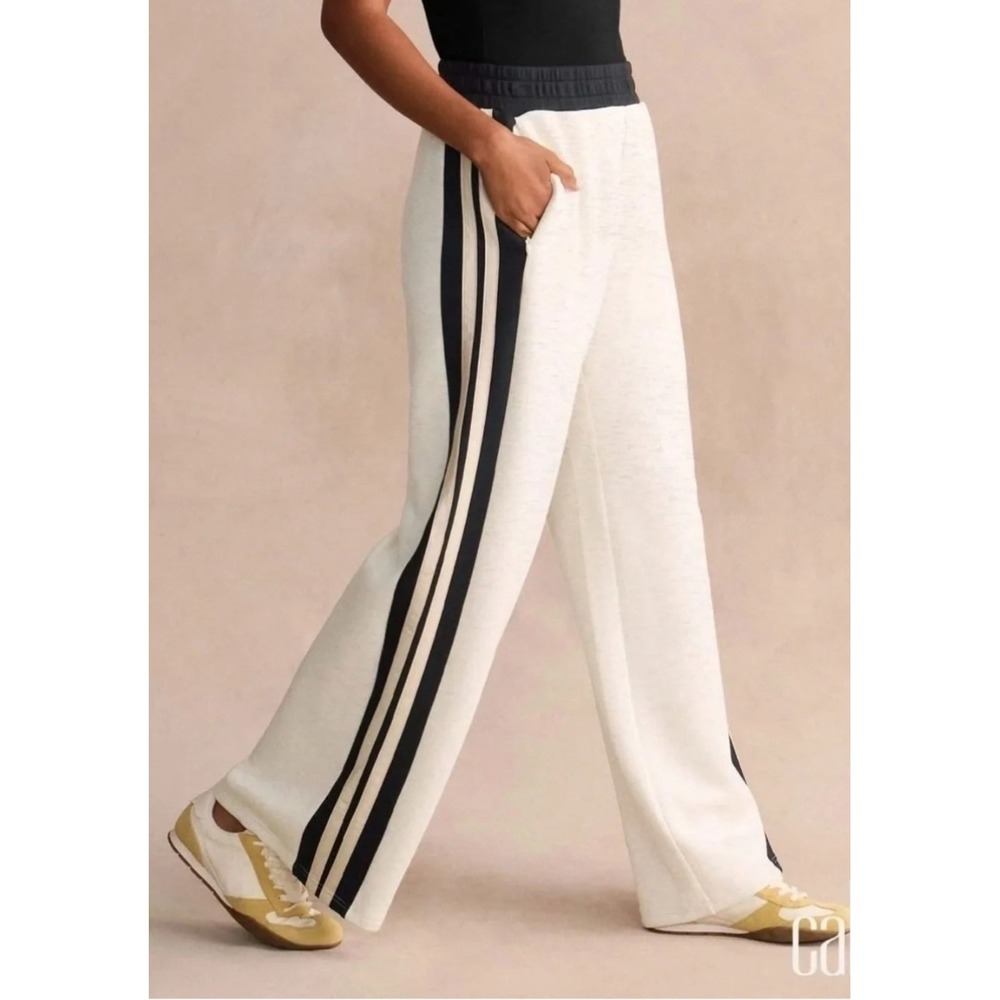 Cabi Track Pants Cream Black Side Stripe Wide Leg Athleisure Size Small